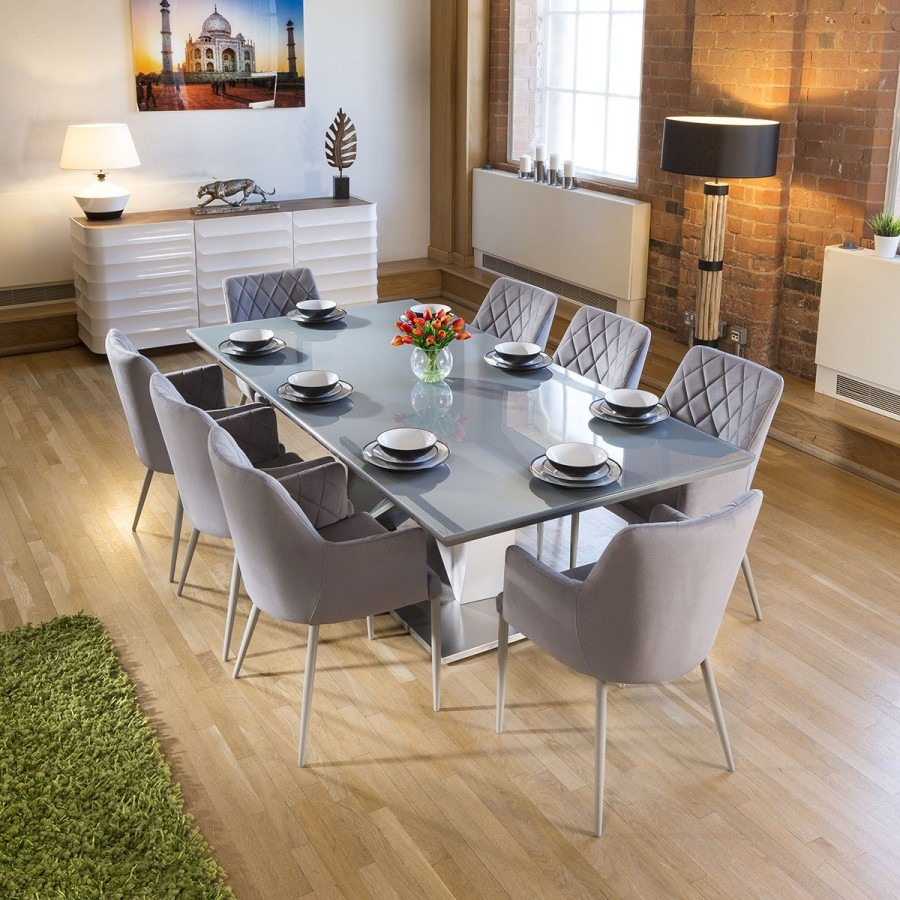 Large 8 Seat Grey Glass Top Dining Table 22m 8 Grey Carver Chairs within dimensions 900 X 900
