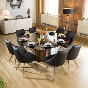 Large Luxury Square Eucalyptus Dining Table 8 Black Modern Chairs within sizing 900 X 900