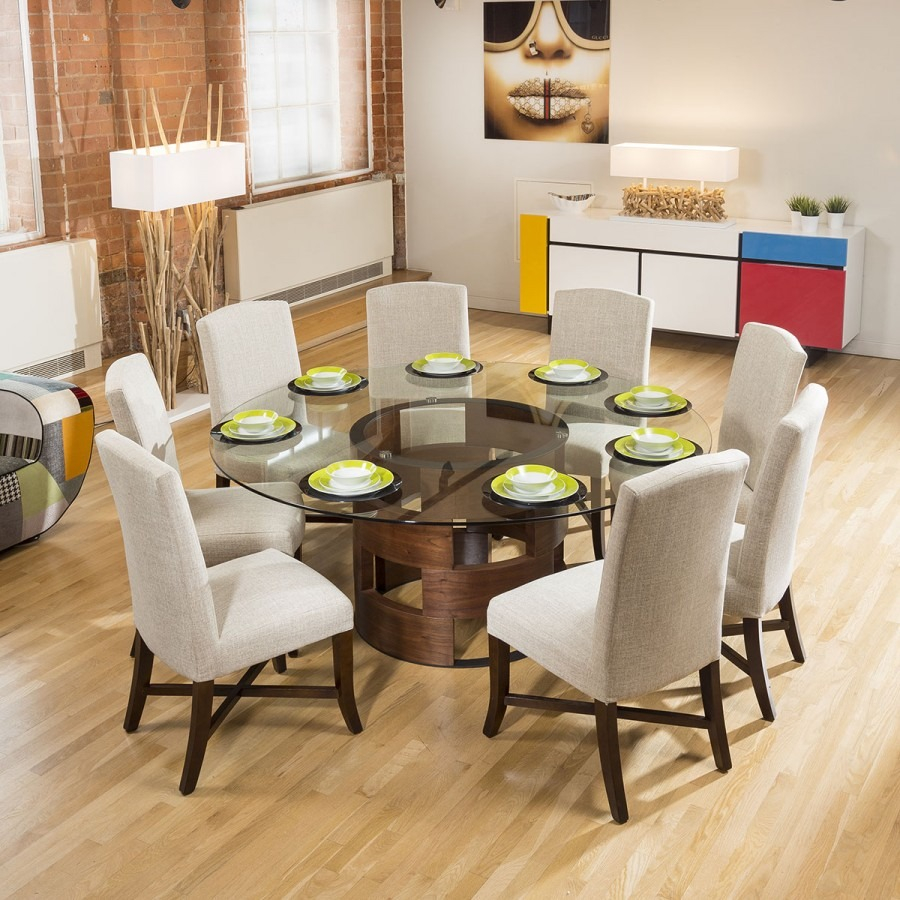 Large Round Glass Top Walnut Dining Table Set 8 Natural Walcot Chairs within measurements 900 X 900