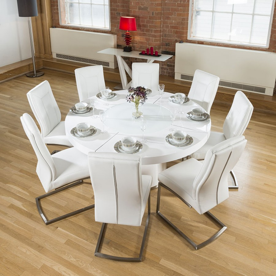 Large Round White Gloss Dining Table Lazy Susan 8 White Chairs 4110 intended for measurements 900 X 900