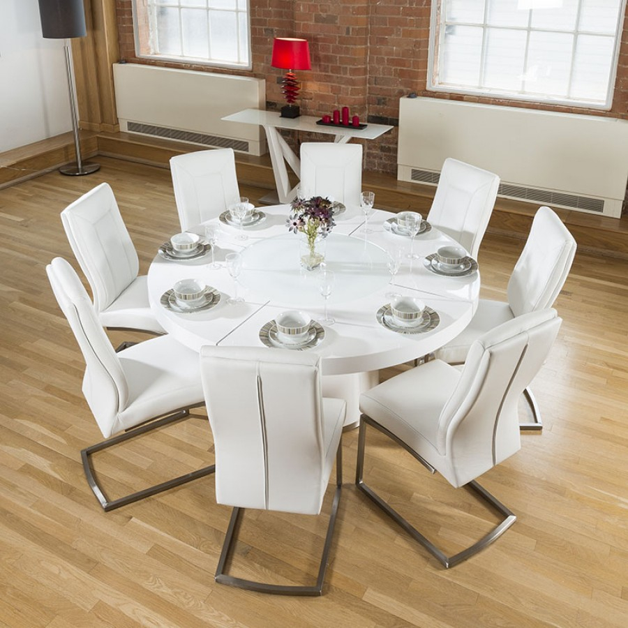 Large Round White Gloss Dining Table Lazy Susan 8 White Chairs 4110 throughout sizing 900 X 900