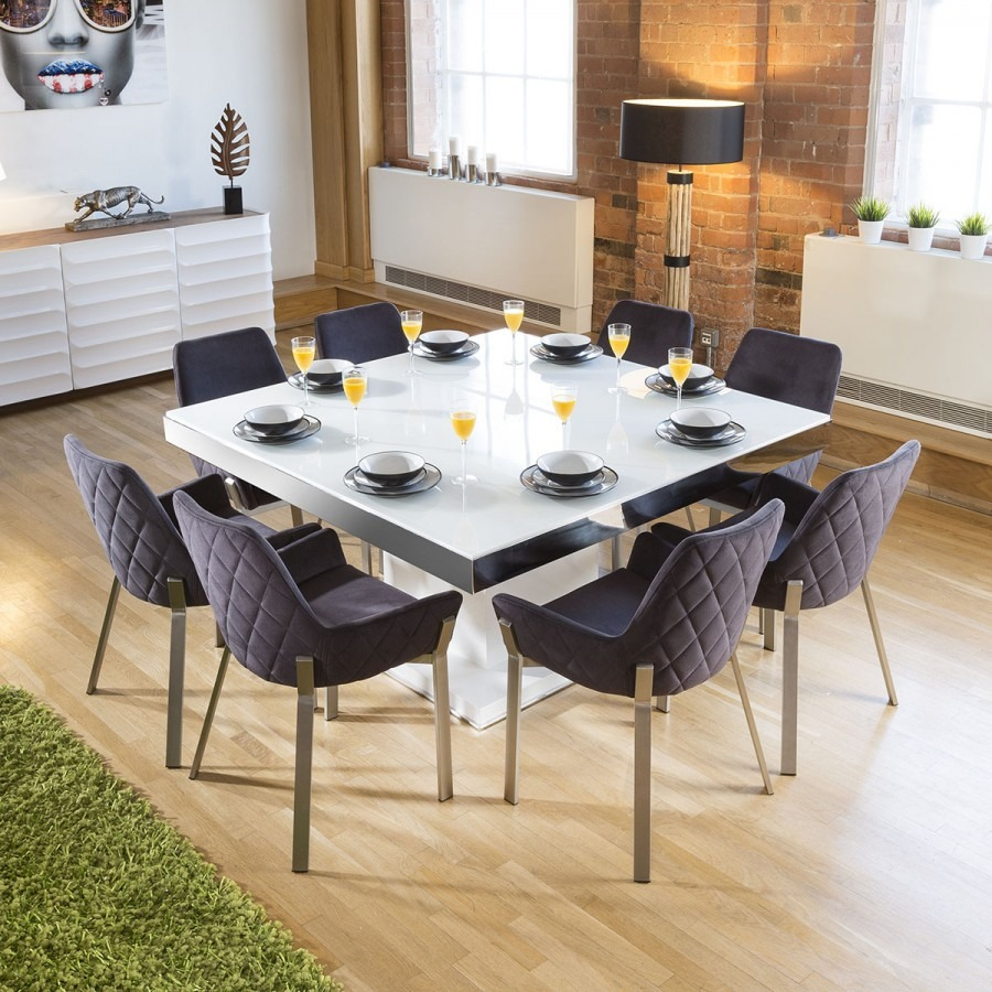 Large Square White Glass Gloss Dining Table 8 Dark Grey Carver Chairs in sizing 900 X 900