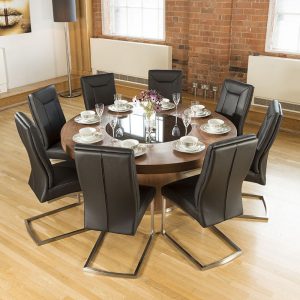 Luxury Large Round Walnut Dining Table Lazy Susan8 Vintage Blk Chairs within proportions 900 X 900