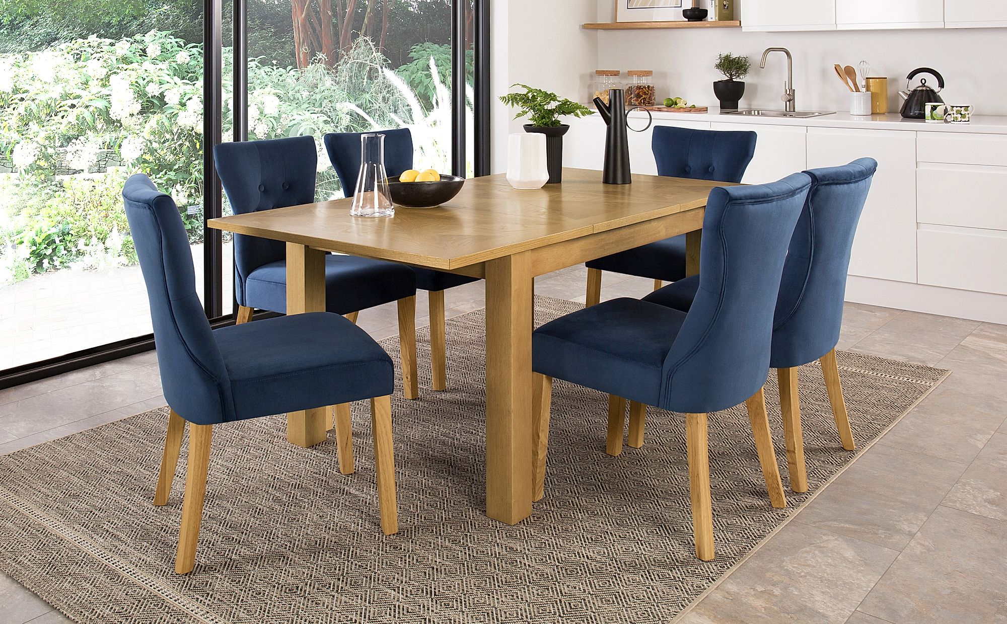 Madison 120 170cm Oak Extending Dining Table With 6 Bewley Blue Velvet Chairs with regard to dimensions 2000 X 1240