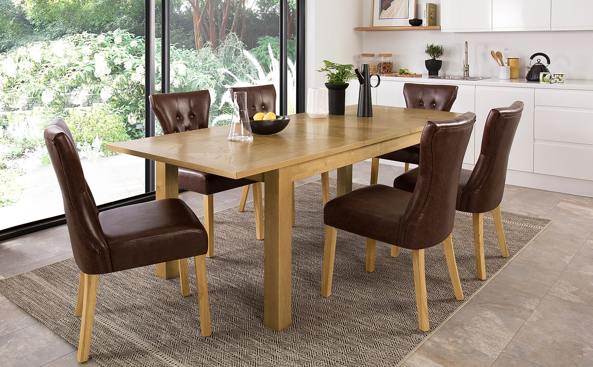 Madison 180 230cm Oak Extending Dining Table With 6 Bewley Club Brown Leather Chairs within proportions 2000 X 1240