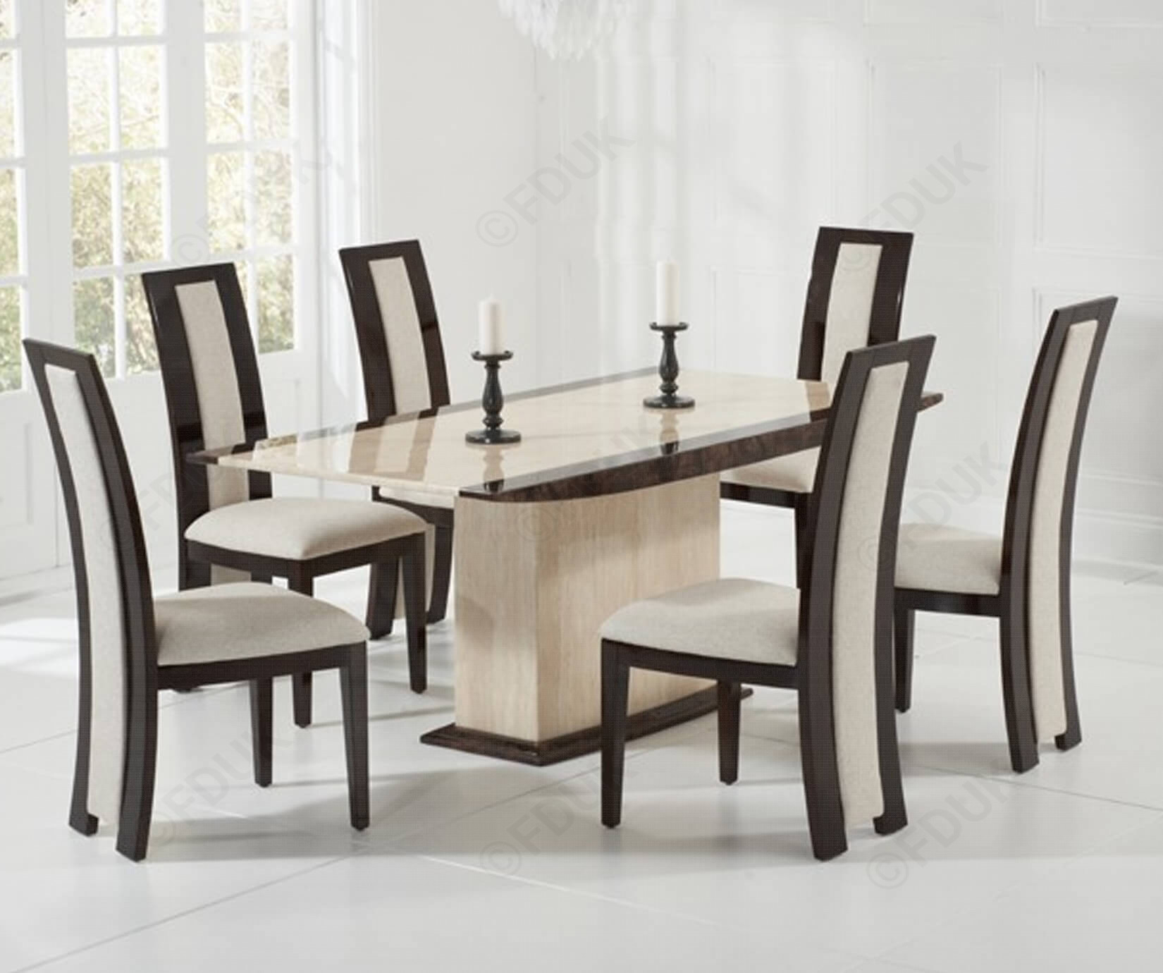 Mark Harris Alba Cream And Brown Constituted Marble Dining Set With 6 Rivilino Chairs inside measurements 1650 X 1380