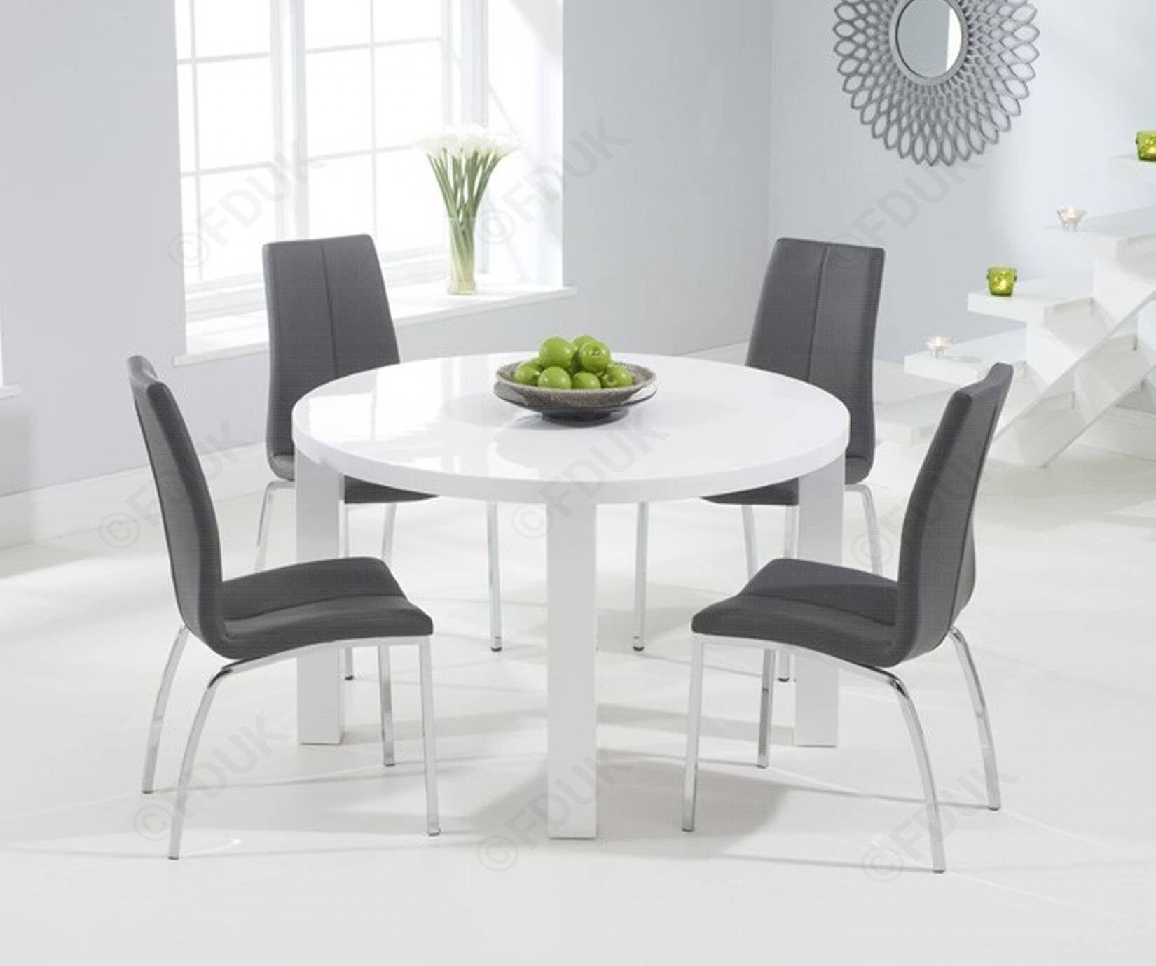 Mark Harris Ava White High Gloss Dining Set 120cm Round With 4 Carsen Grey Chairs in proportions 1650 X 1380