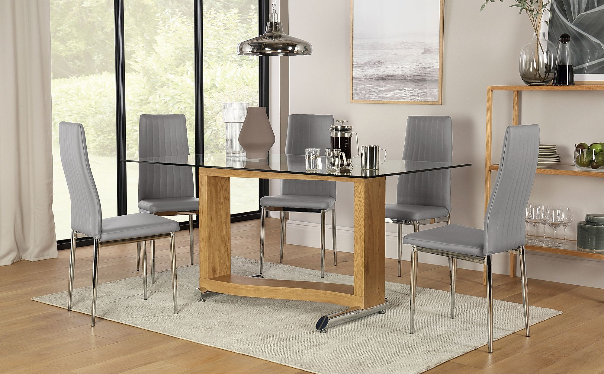 Mayfair Oak And Glass Dining Table With 4 Leon Light Grey Leather Chairs regarding sizing 2000 X 1240