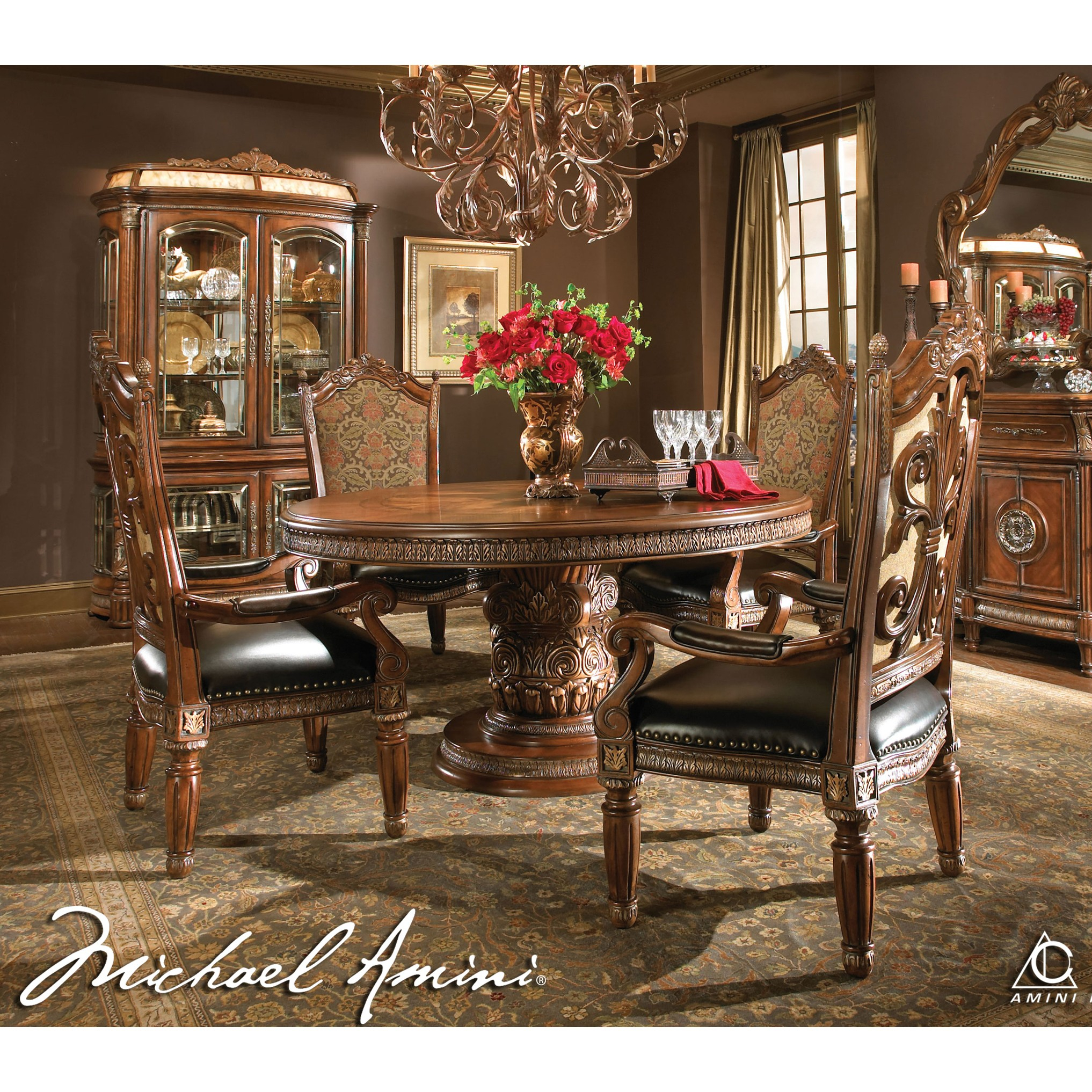 Michael Amini 5pc Villa Valencia Round Oval Dining Table Set 4 Arm Chairs Aico pertaining to measurements 2034 X 2034