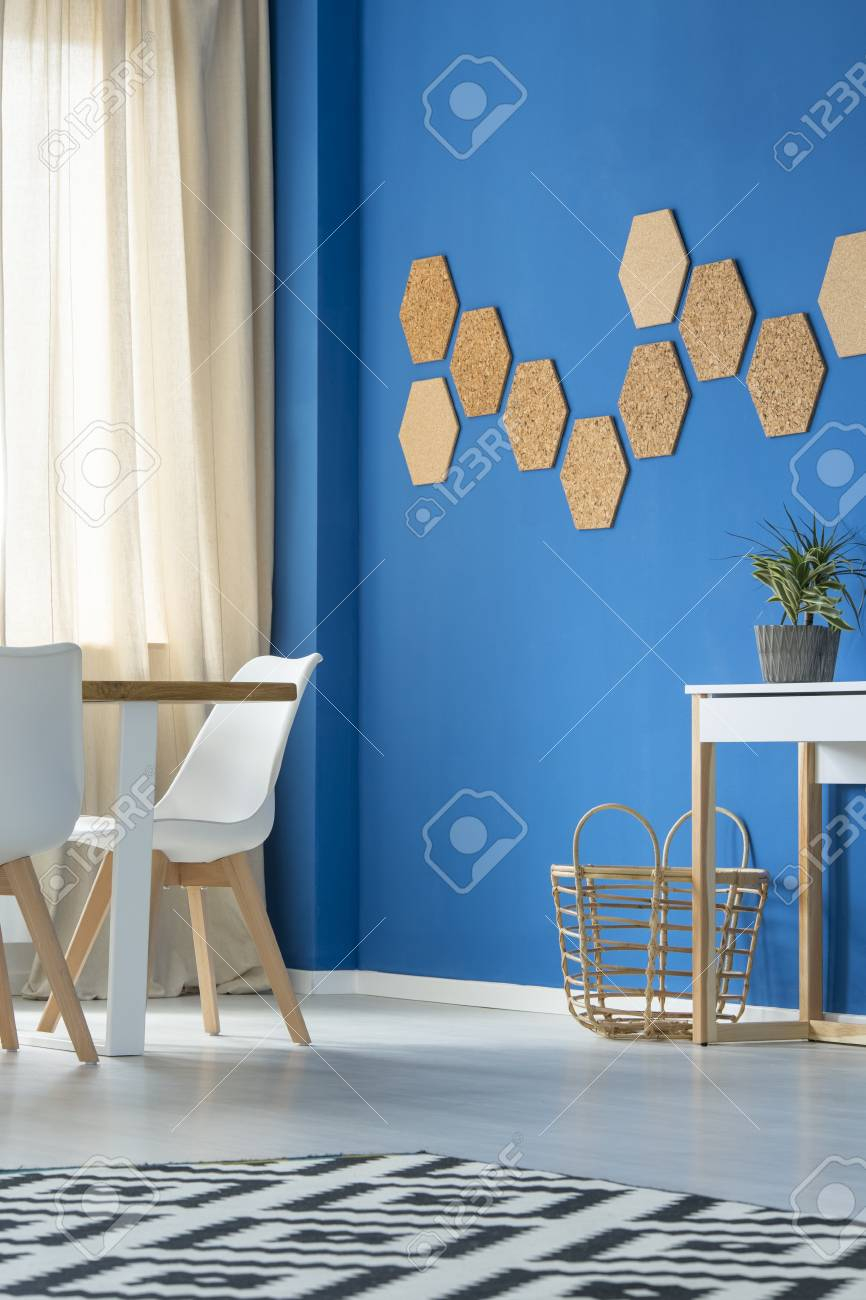 Minimalist Dining Room Interior In Blue And White With Chairs with regard to measurements 866 X 1300