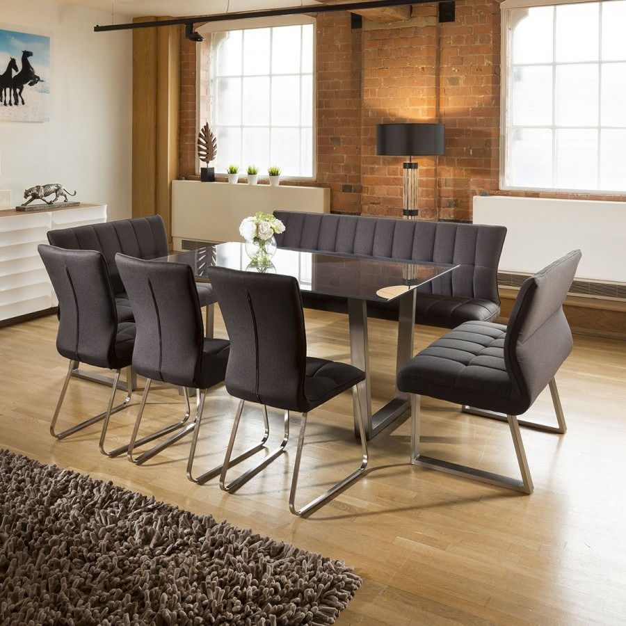 Modern 8 Seater Grey Glass Dining Table Set 3 X Benches And 3 X Chairs inside proportions 900 X 900