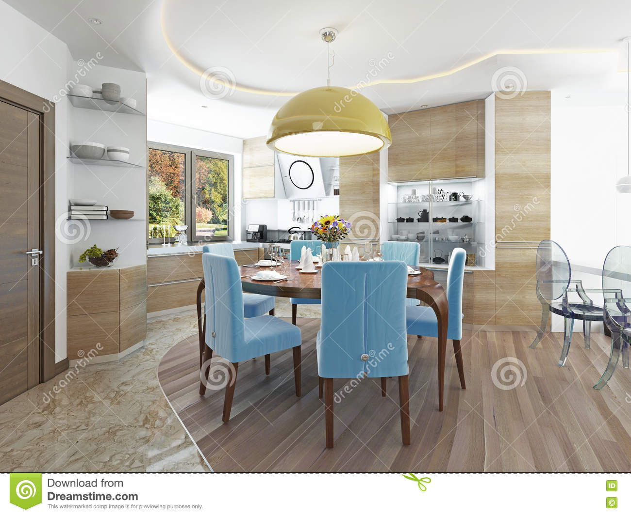 Modern Dining Room With Kitchen In A Trendy Style Kitsch in size 1300 X 1065