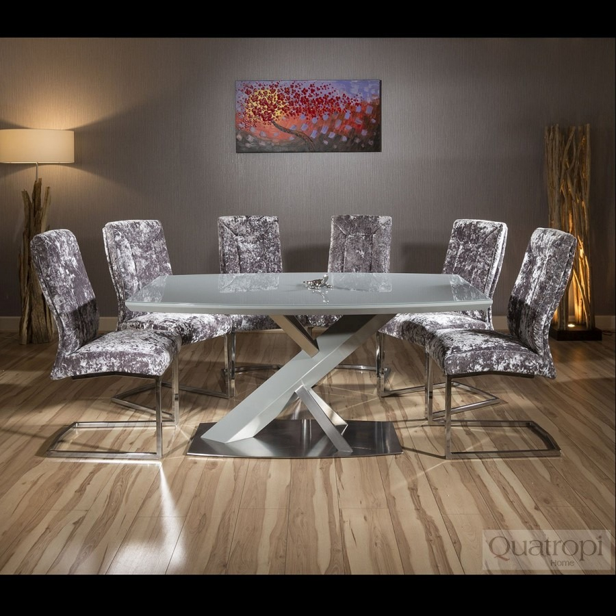 Modern Grey Glass Top 16m Dining Table Set 6 X Silver Velvet Chairs throughout dimensions 900 X 900