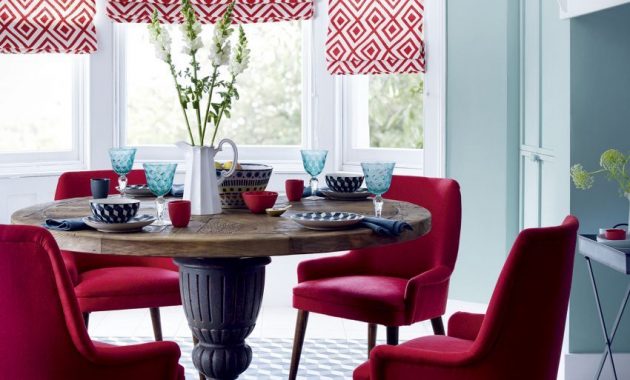 Modern Red Dining Room With Diamond Motif Blinds Dining throughout dimensions 850 X 1080