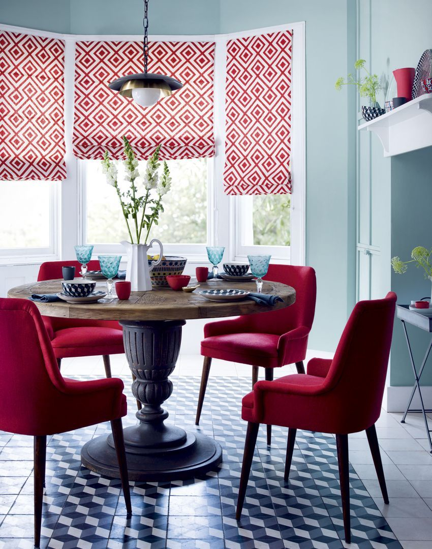 Modern Red Dining Room With Diamond Motif Blinds Dining throughout dimensions 850 X 1080