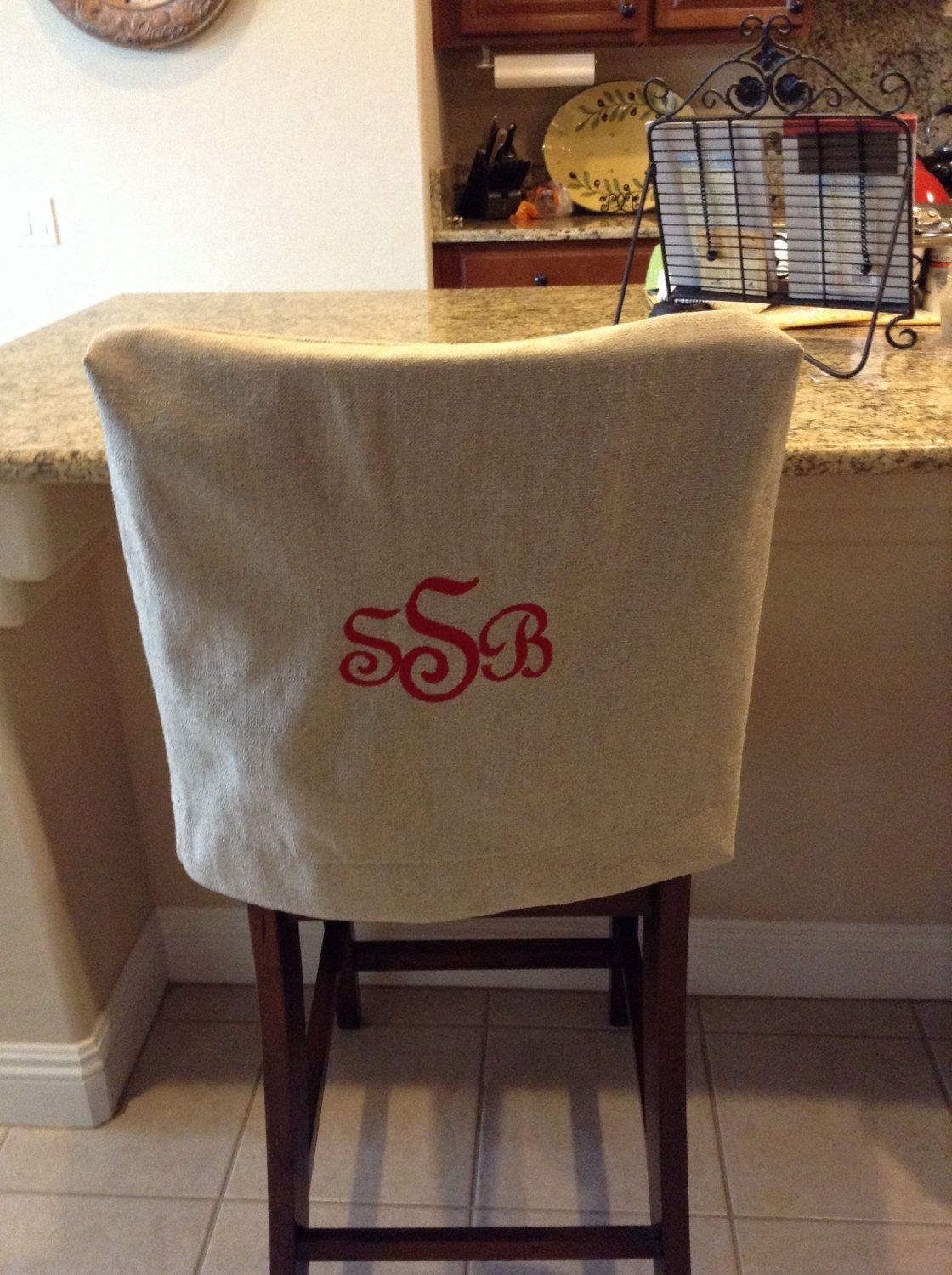 Monogrammed Chair Back Cover Natural Linen Washable Fabric with size 1120 X 1500