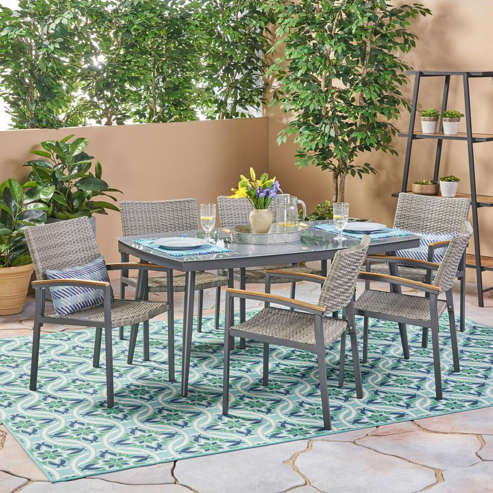 Noble House Liverpool Gray 7 Piece Aluminum And Wicker Outdoor Dining Set With Glass Table Top with regard to dimensions 1000 X 1000