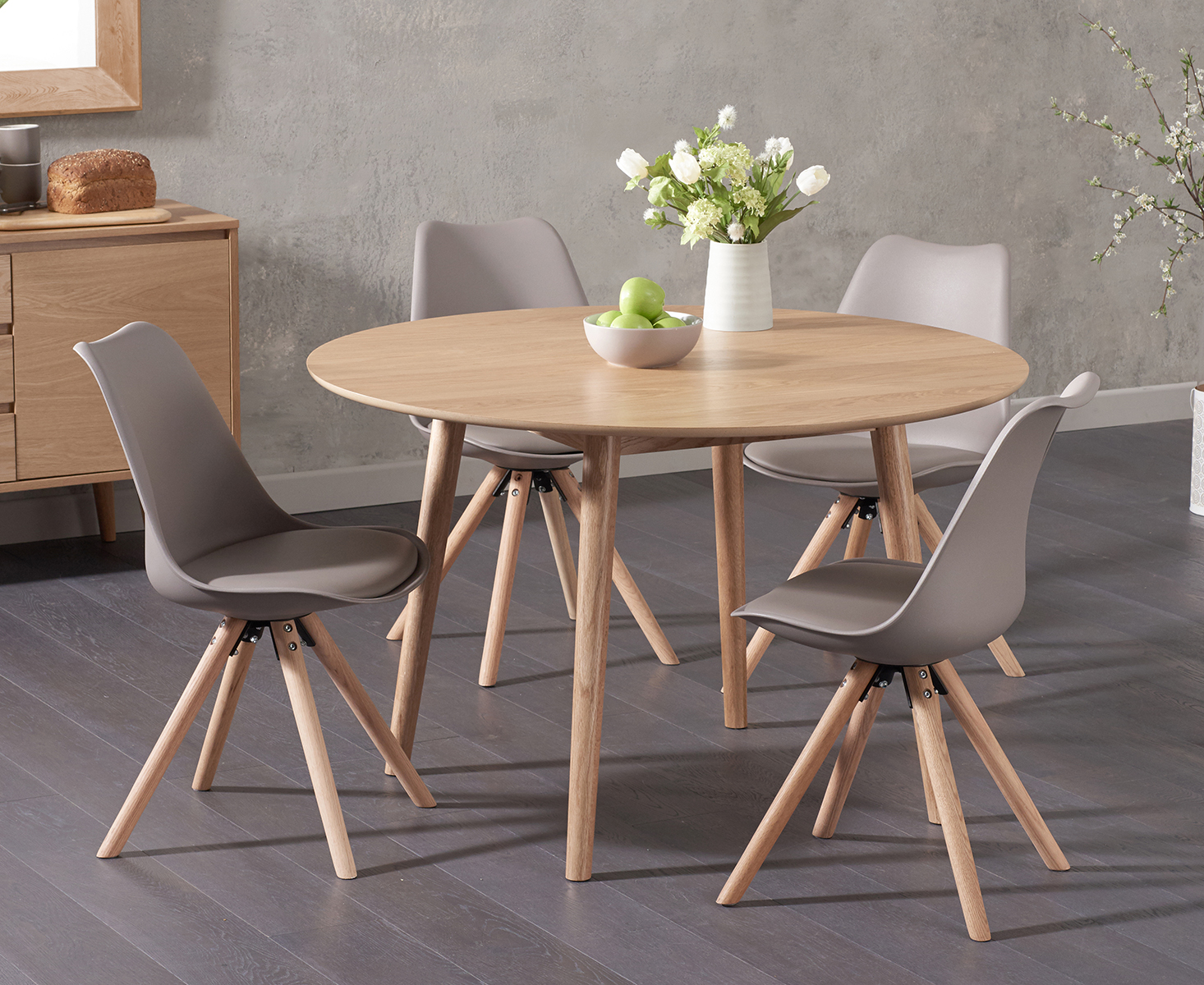 Nordic 120cm Round Oak Dining Table With Oscar Faux Leather Round Leg Chairs with sizing 1466 X 1200