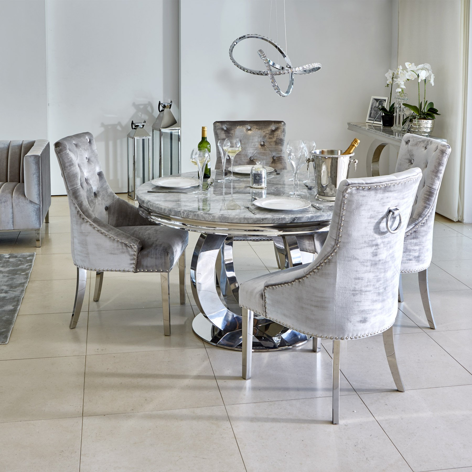 Oracle 130cm Round Grey Marble Dining Table 4 Parker Grey Velvet Knocker Chairs with dimensions 1800 X 1800