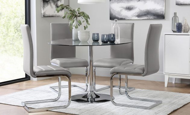 Orbit Round Glass Chrome Dining Table With 4 Perth Light Grey Leather Chairs within proportions 2000 X 1240