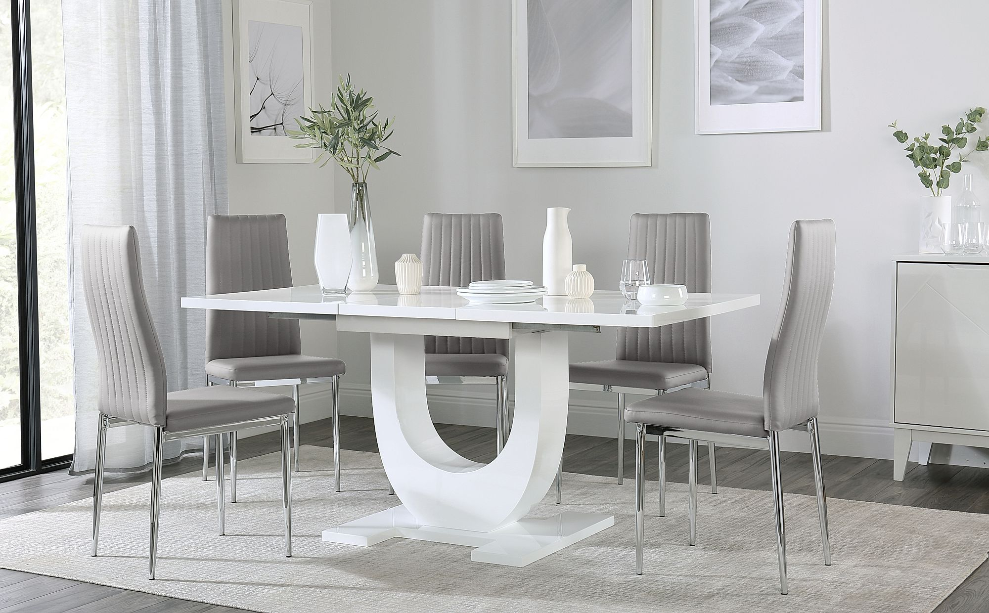 Oslo White High Gloss Extending Dining Table With 6 Leon Light Grey Dining Chairs inside measurements 2000 X 1240
