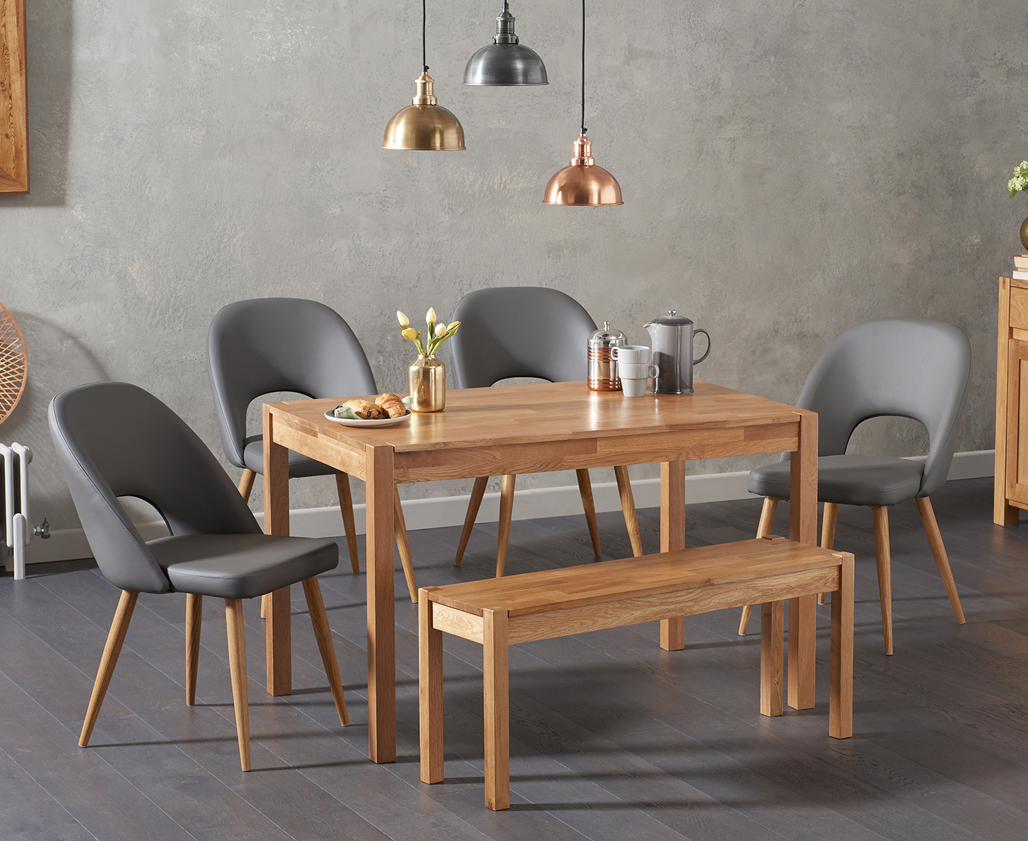 Oxford 120cm Solid Oak Dining Table With Halifax Faux Leather Chairs With Oxford Bench in proportions 1466 X 1200