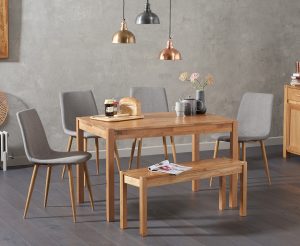 Oxford 150cm Solid Oak Dining Table With Helsinki Fabric Chairs And Oxford Bench with regard to proportions 1466 X 1200