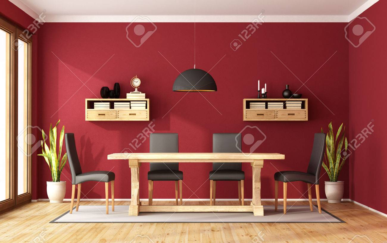 Red Dining Room With Rustic Table And Modern Chair 3d Rendering inside size 1300 X 817