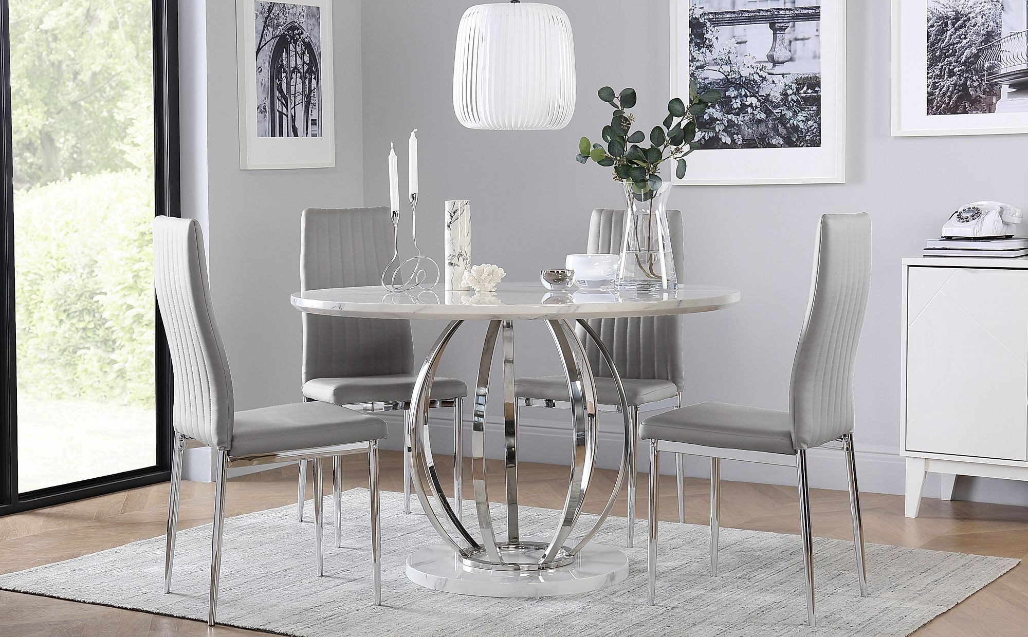 Savoy Round White Marble And Chrome Dining Table With 4 Leon Light Grey Chairs for proportions 2000 X 1240