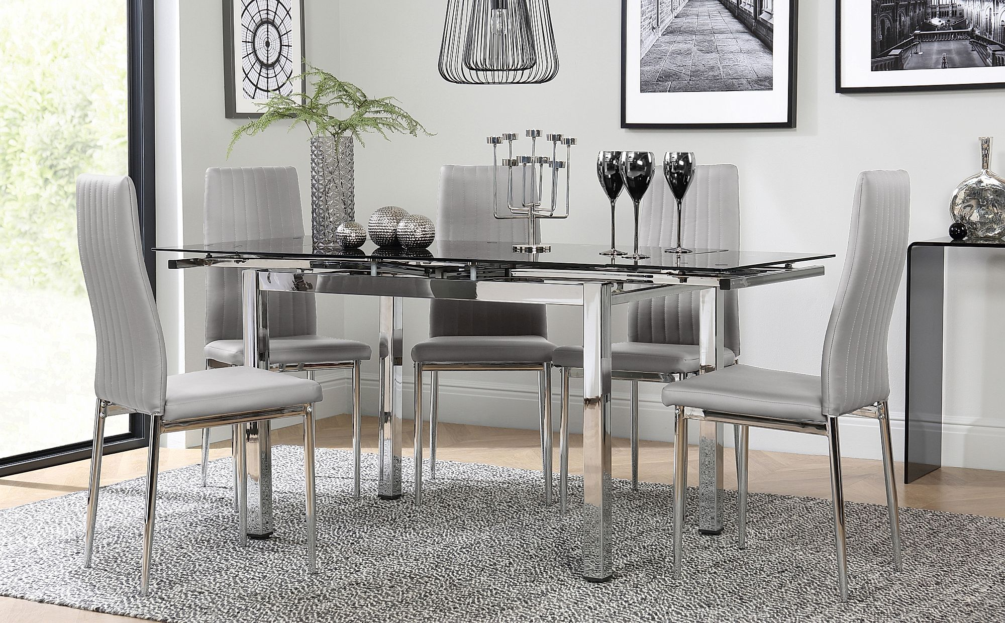 Space Chrome Black Glass Extending Dining Table With 4 Leon Light Grey Chairs with measurements 2000 X 1240