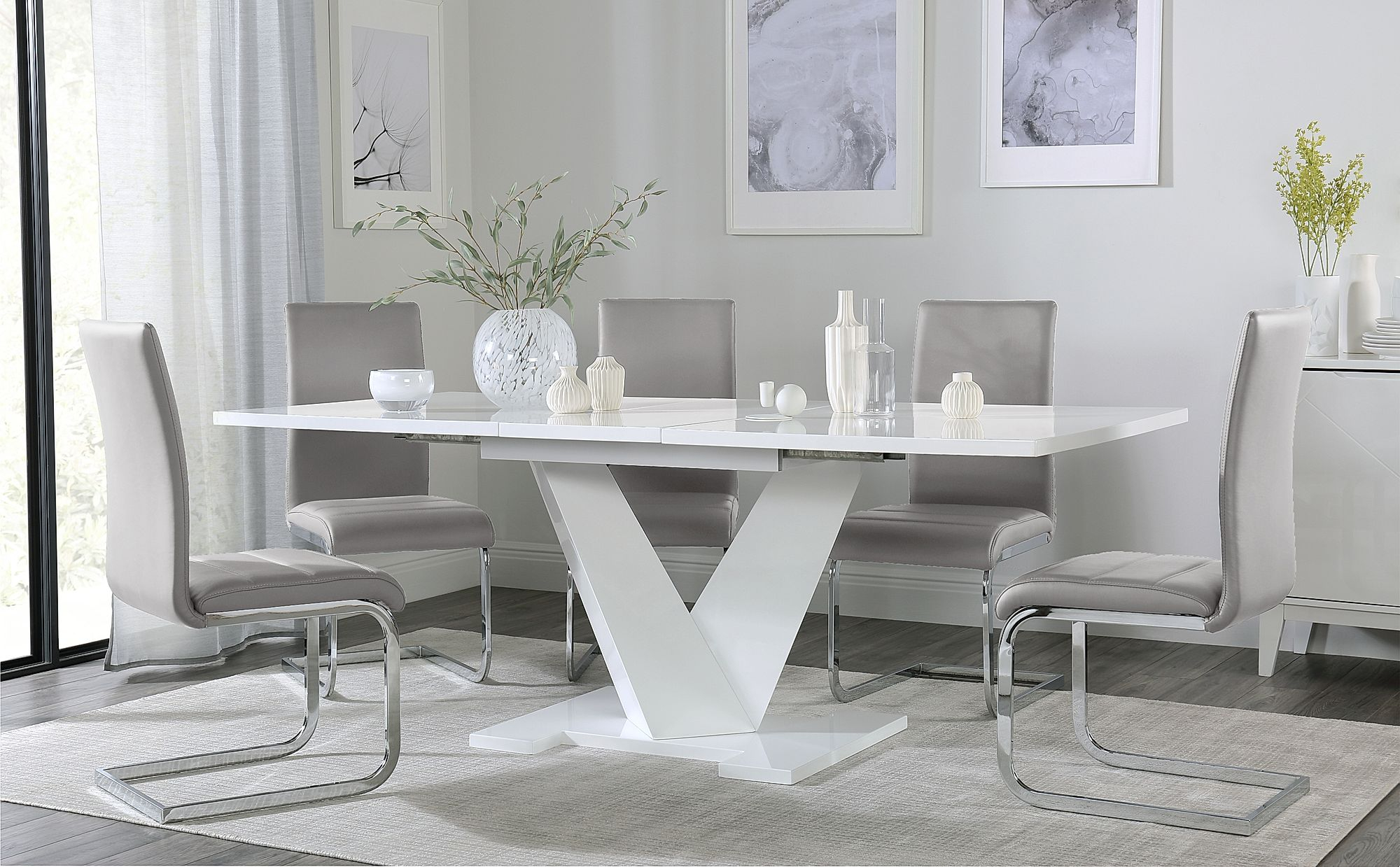 Turin White High Gloss Extending Dining Table With 6 Perth Light Grey Leather Chairs within proportions 2000 X 1239