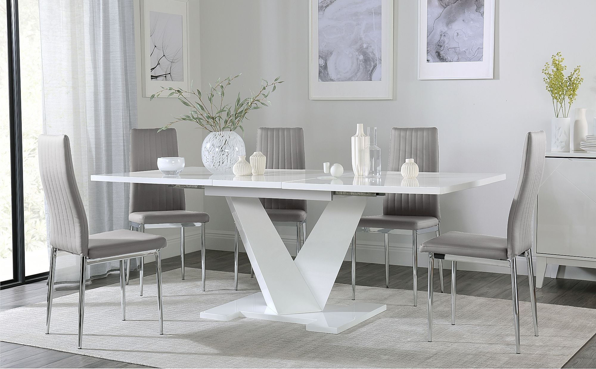 Turin White High Gloss Extending Dining Table With 8 Leon Light Grey Dining Chairs pertaining to measurements 2000 X 1239