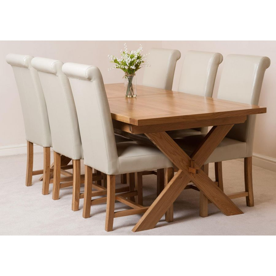 Vermont Cross Leg Oak Extending Dining Table With 6 Washington Ivory Leather Dining Chairs pertaining to proportions 900 X 900