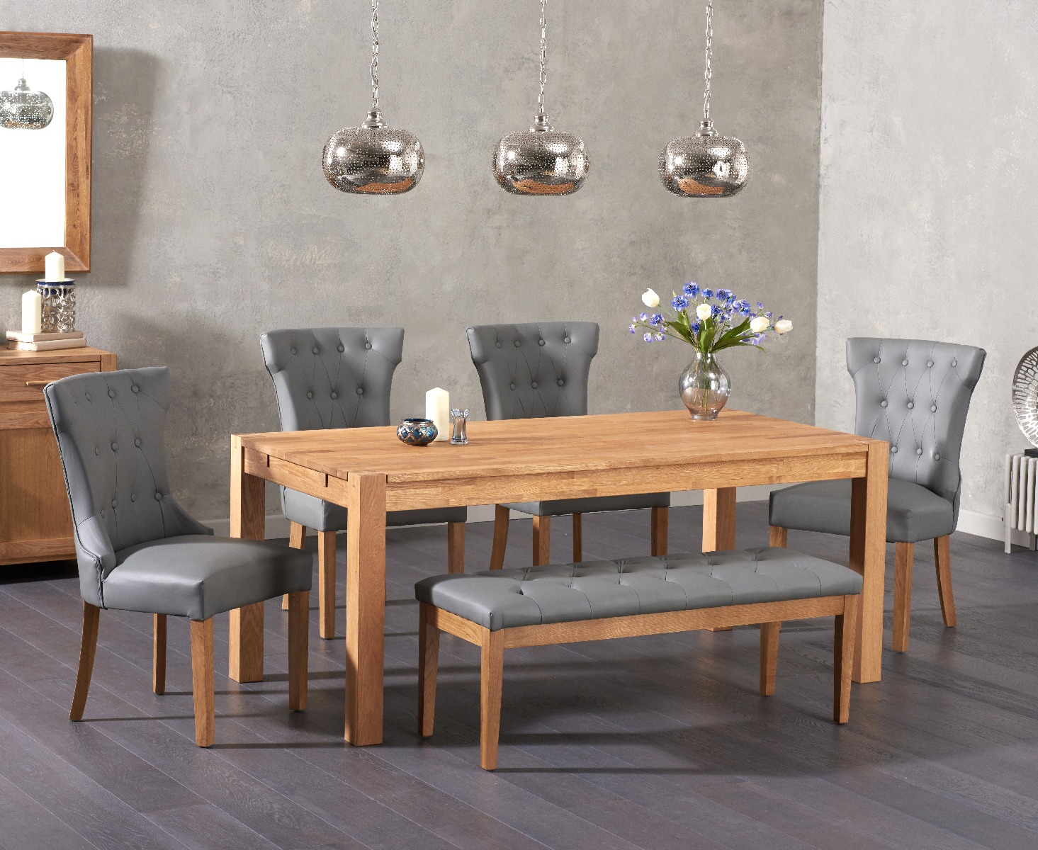 Verona 150cm Solid Oak Dining Table With Camille Faux Leather Chairs And Camille Faux Leather Bench pertaining to dimensions 1465 X 1200