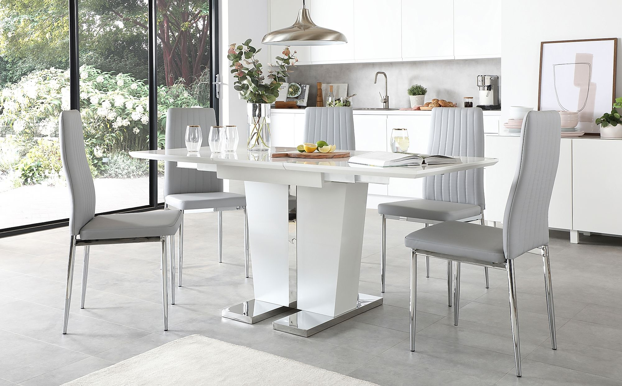 Vienna White High Gloss Extending Dining Table With 4 Leon Light Grey Leather Chairs with dimensions 2000 X 1240