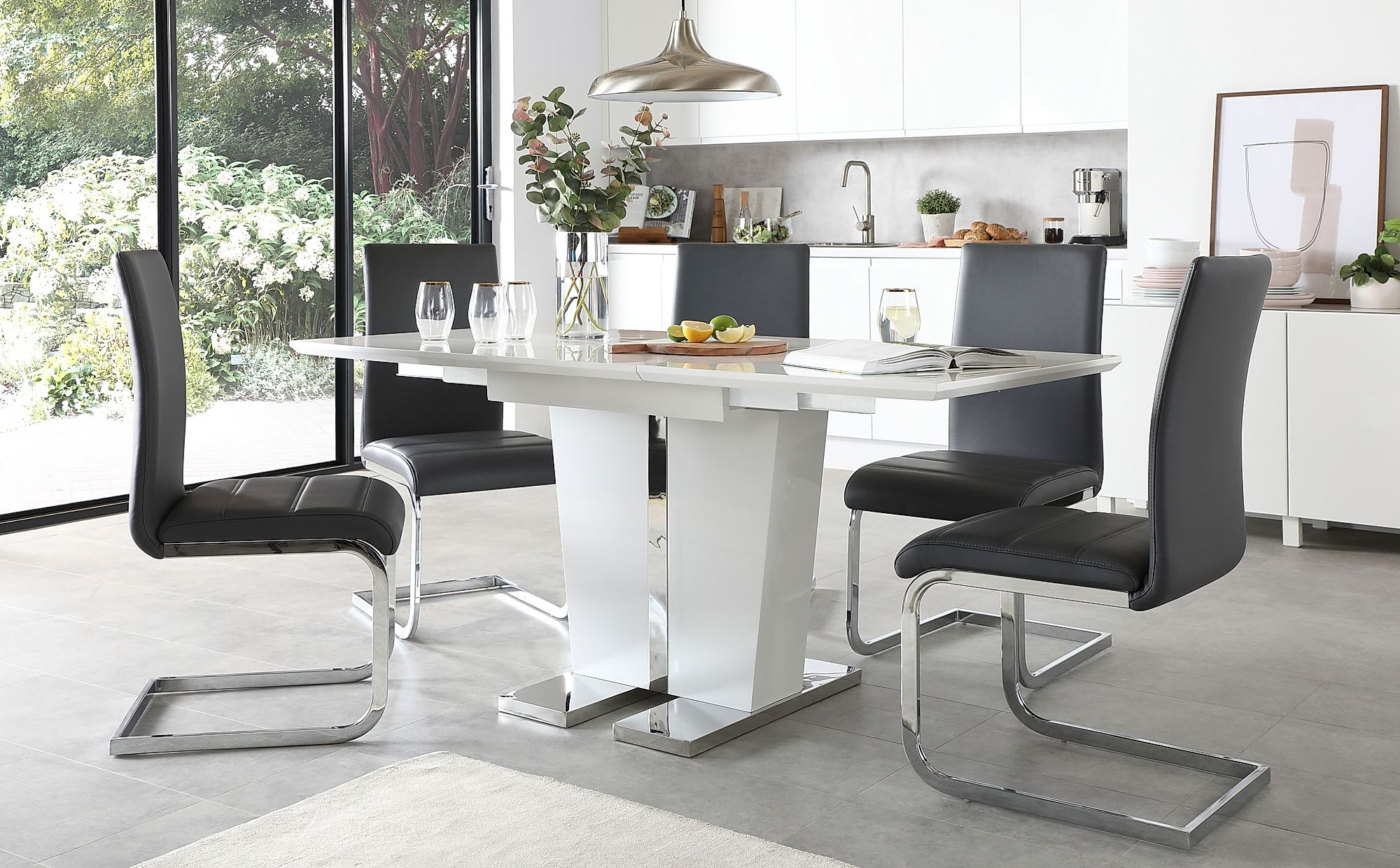 Vienna White High Gloss Extending Dining Table With 6 Perth Grey Leather Chairs regarding measurements 2000 X 1240