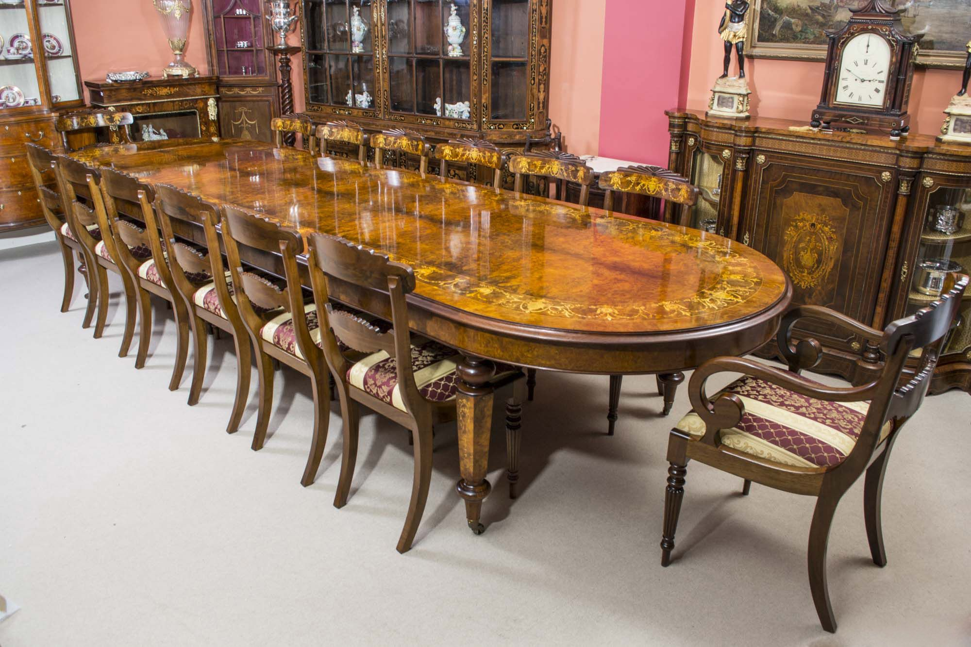 Vintage 14ft6 Burr Walnut Inlaid Dining Table 14chairs with sizing 2000 X 1333