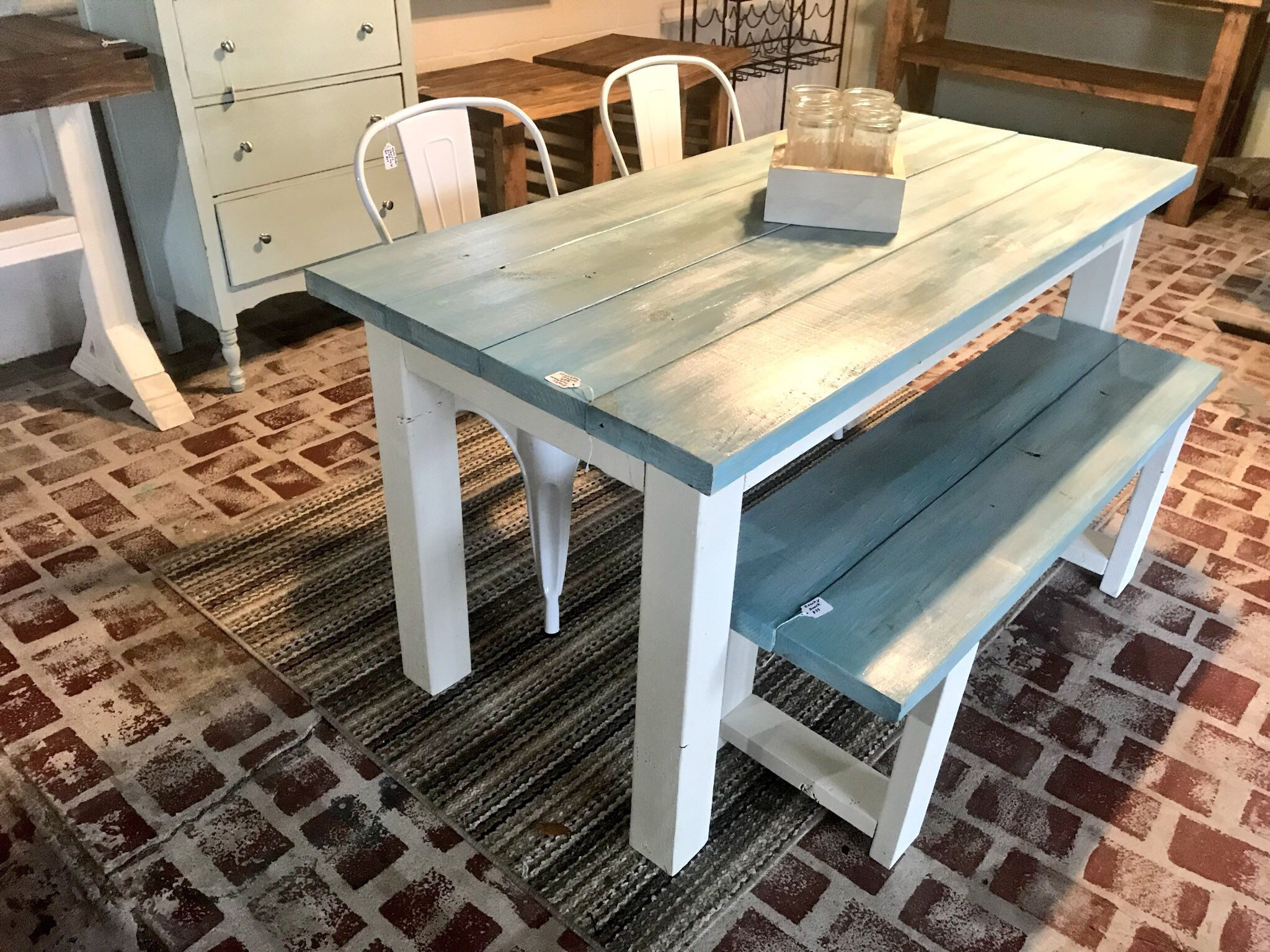 Vintage Aqua Small Farmhouse Table Set With Bench And Metal pertaining to dimensions 2048 X 1536