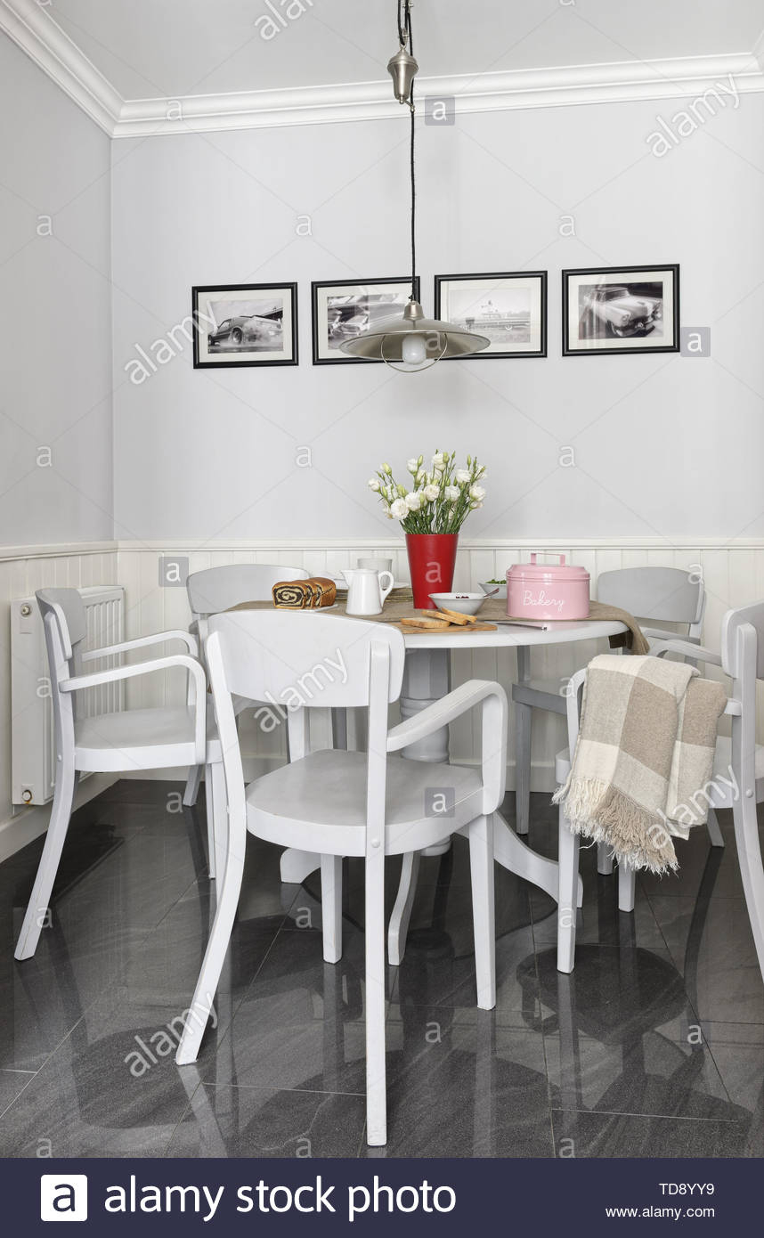 White Wooden Table With Chairs In Corner Of Dining Room Uk for measurements 858 X 1390