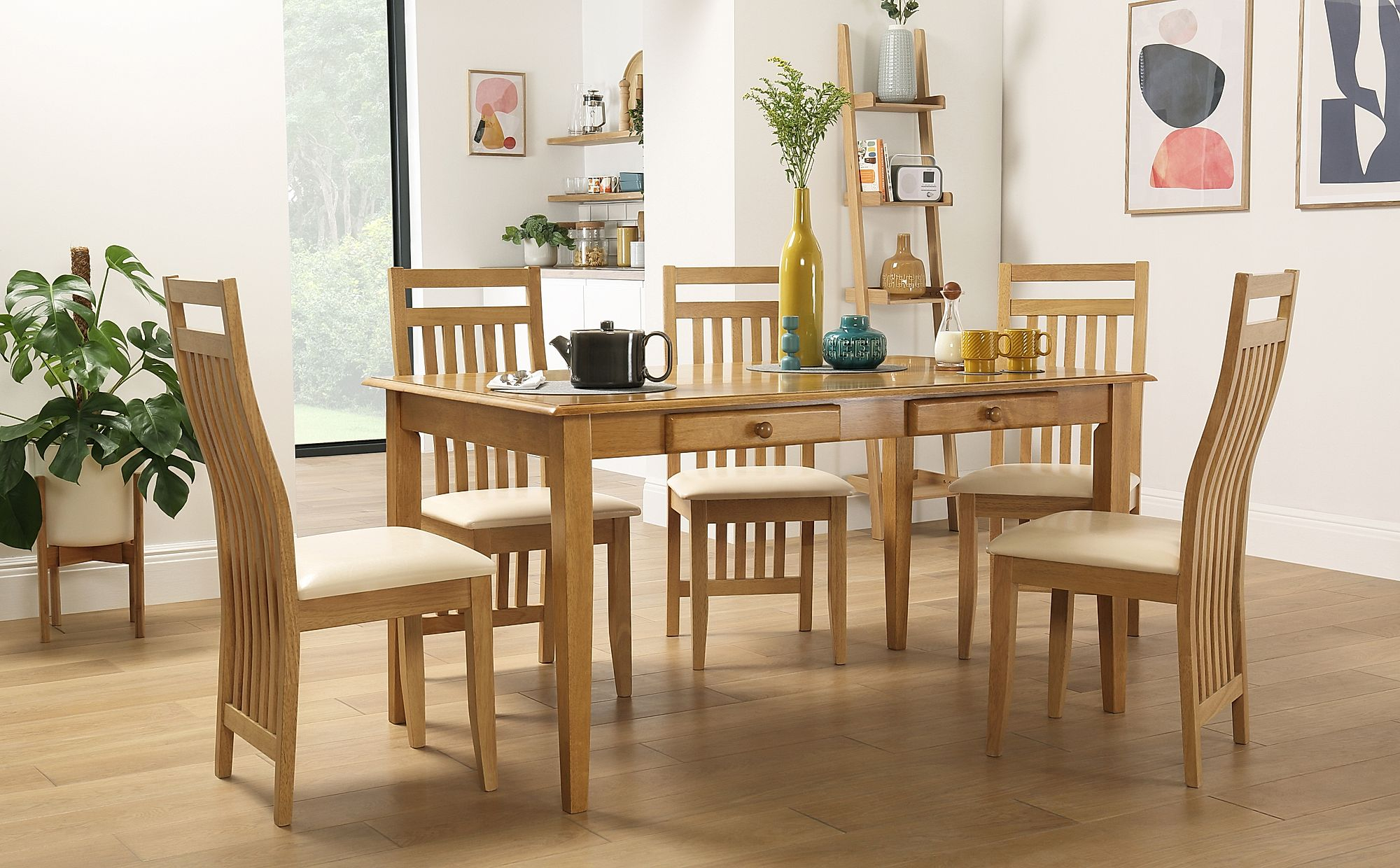 Wiltshire Oak Dining Table With Storage With 4 Bali Chairs Ivory Seat Pad regarding sizing 2000 X 1240