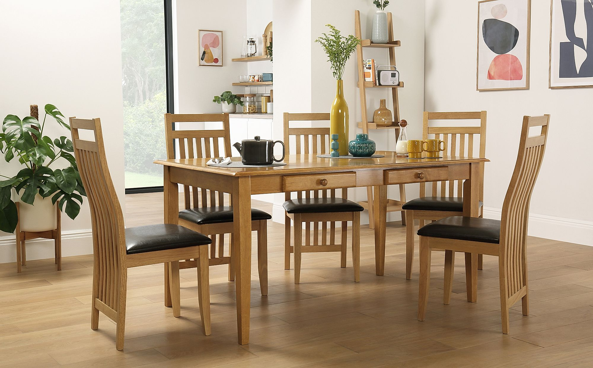 Wiltshire Oak Dining Table With Storage With 6 Bali Chairs Brown Seat Pad within size 2000 X 1240